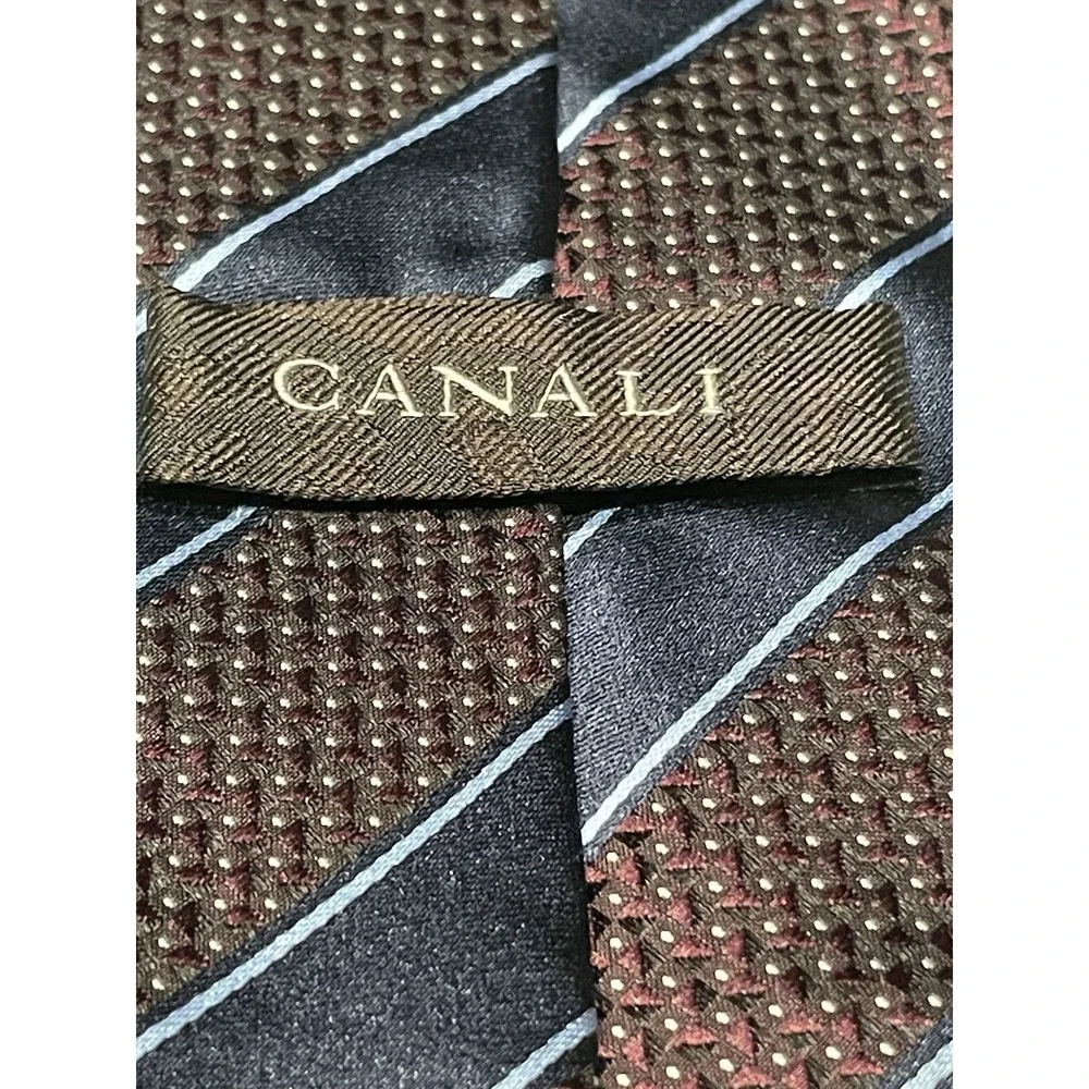 CANALI Italy Mens Silk Necktie Navy Blue Burgundy Stripe Micro Pattern 3.5